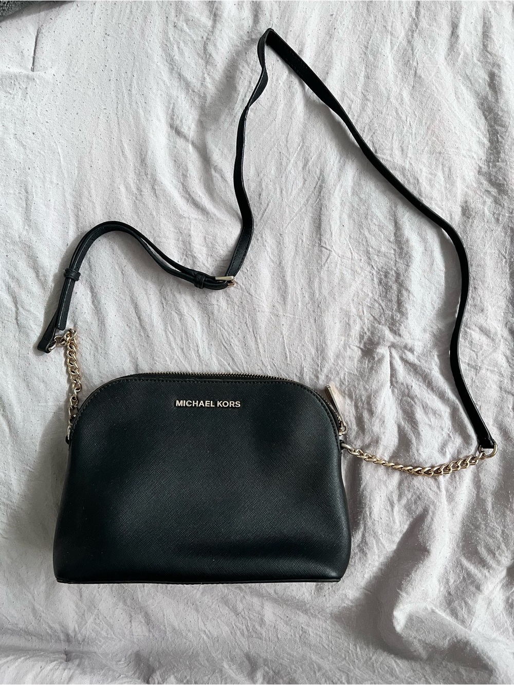 Michael Kors Black Leather Crossbody with Gold Chain Detail